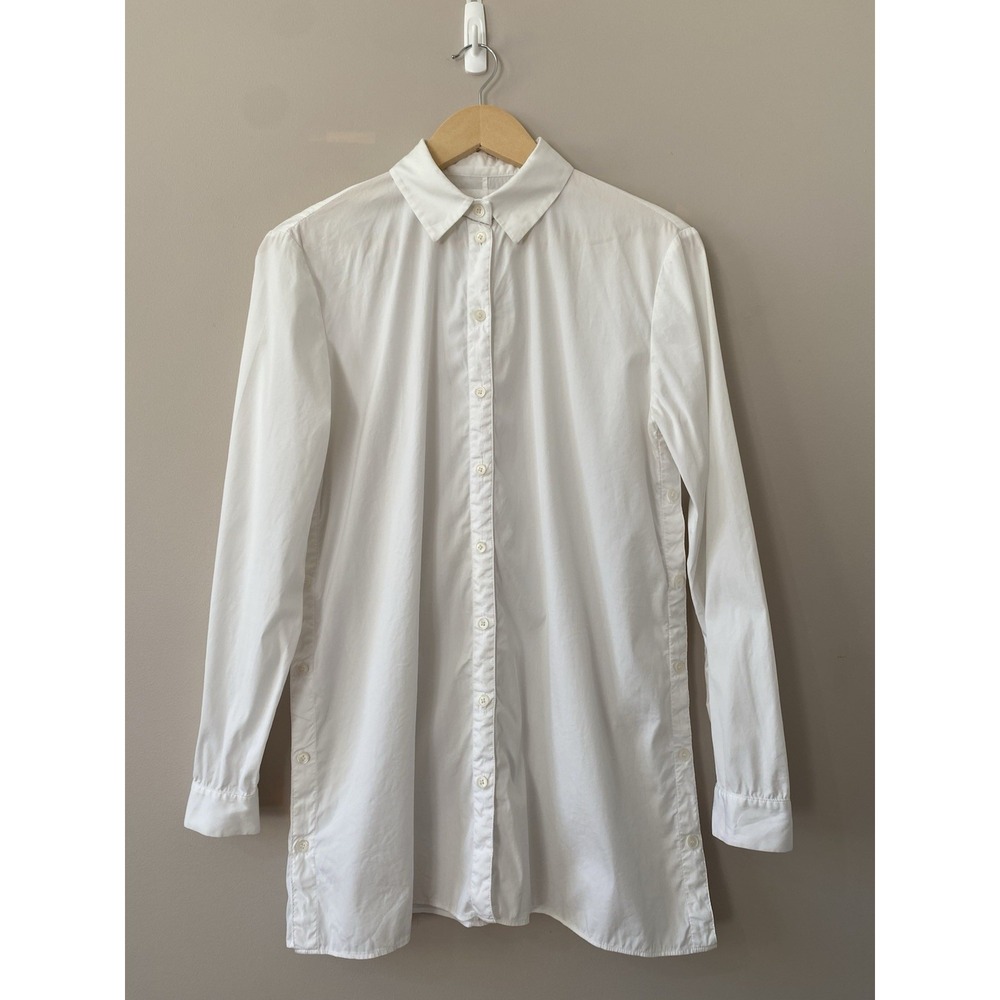 Lafayette 148 White Long Sleeve Button Front Tunic Button Side Monili Bead SMALL